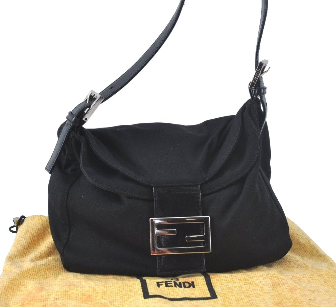 Authentic FENDI Mamma Baguette Shoulder Hand Bag Jersey Leather Black Junk 7728J