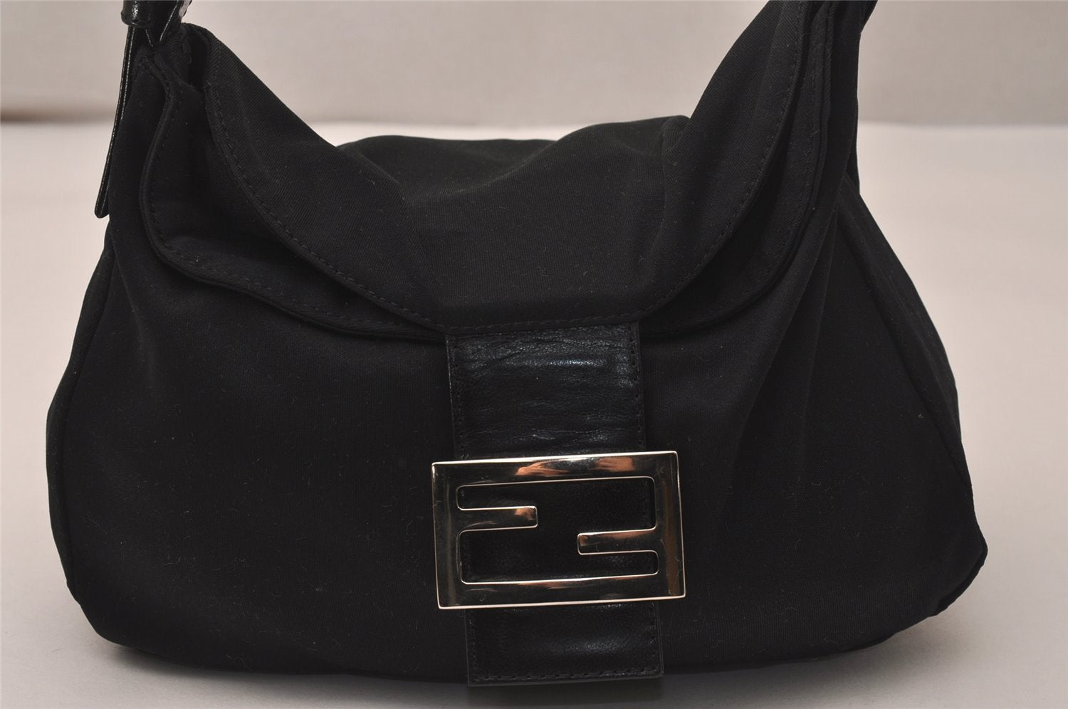 Authentic FENDI Mamma Baguette Shoulder Hand Bag Jersey Leather Black Junk 7728J