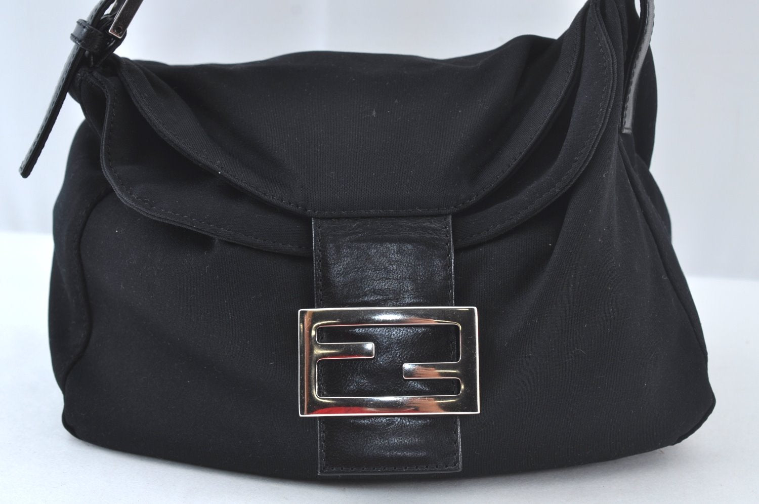 Authentic FENDI Mamma Baguette Shoulder Hand Bag Jersey Leather Black Junk 7728J