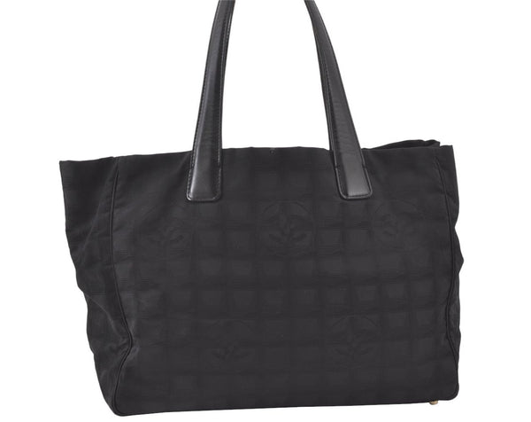 Authentic CHANEL New Travel Line Shoulder Tote Bag Nylon Leather Black 7728K