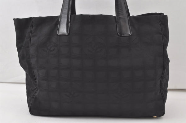 Authentic CHANEL New Travel Line Shoulder Tote Bag Nylon Leather Black 7728K