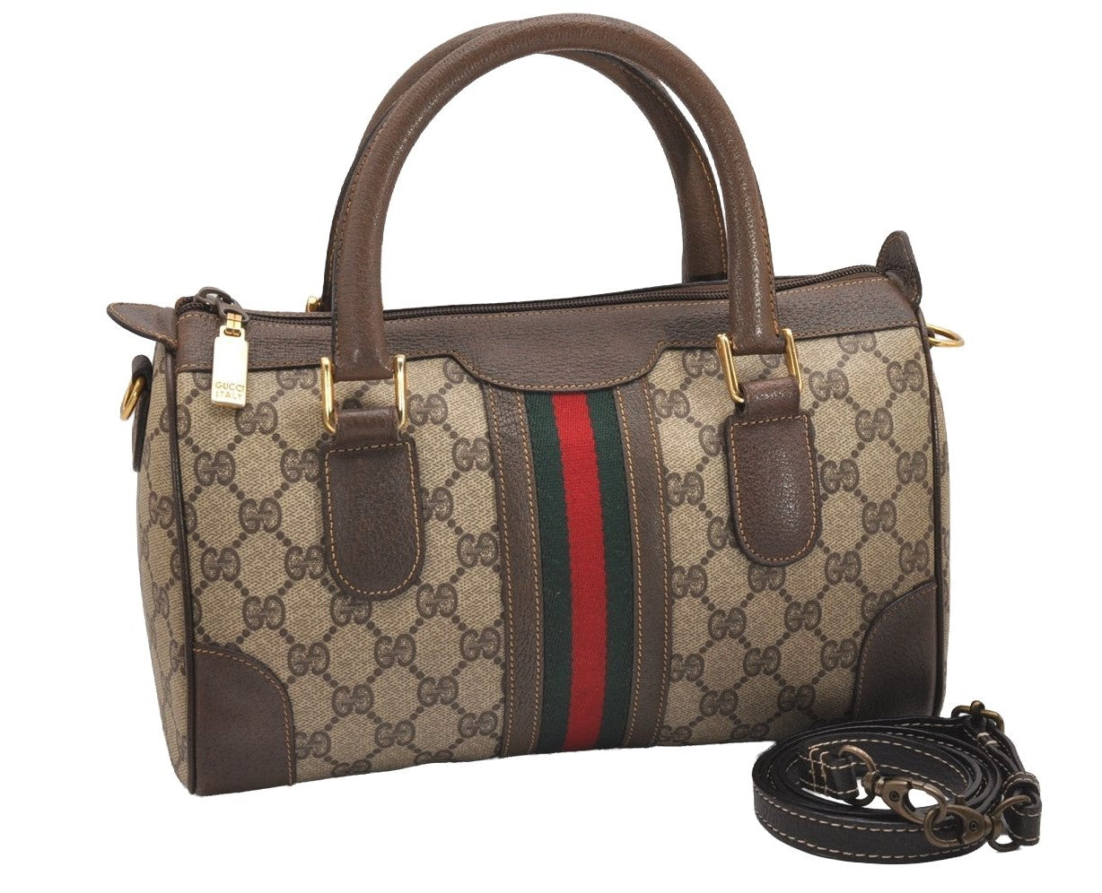 Authentic GUCCI Web Sherry Line 2Way Hand Boston Bag GG PVC Leather Brown 7730I