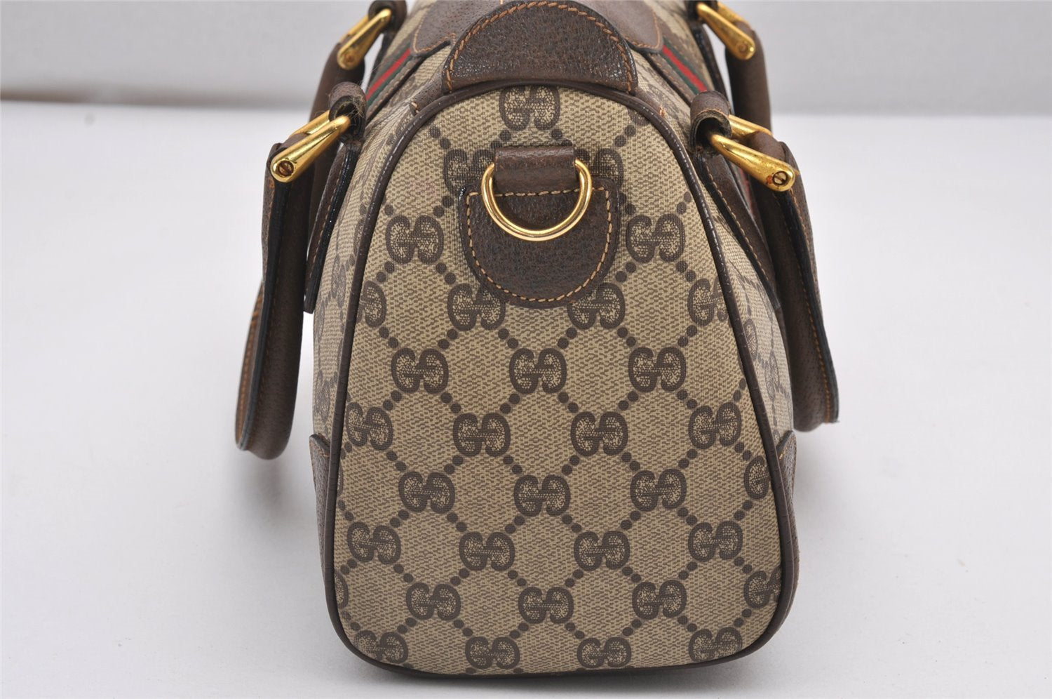 Authentic GUCCI Web Sherry Line 2Way Hand Boston Bag GG PVC Leather Brown 7730I