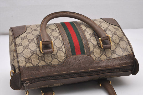 Authentic GUCCI Web Sherry Line 2Way Hand Boston Bag GG PVC Leather Brown 7730I