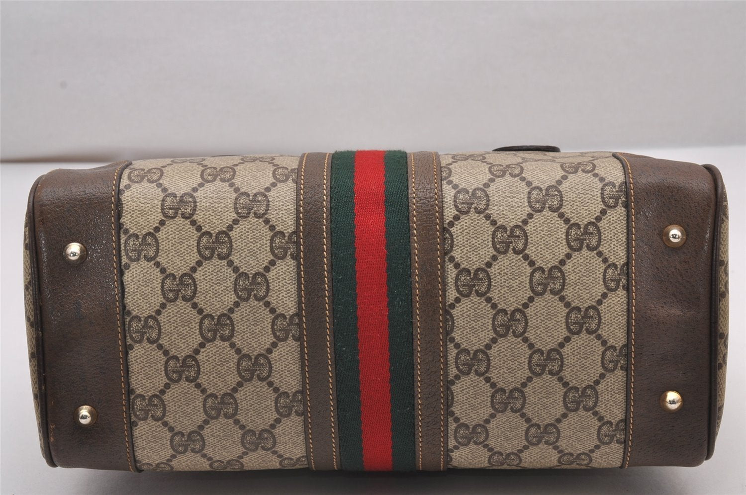 Authentic GUCCI Web Sherry Line 2Way Hand Boston Bag GG PVC Leather Brown 7730I