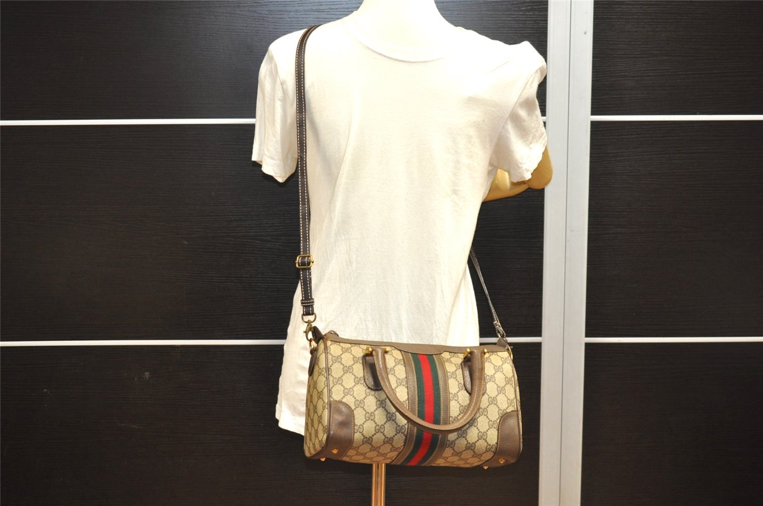 Authentic GUCCI Web Sherry Line 2Way Hand Boston Bag GG PVC Leather Brown 7730I