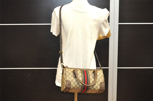 Authentic GUCCI Web Sherry Line 2Way Hand Boston Bag GG PVC Leather Brown 7730I