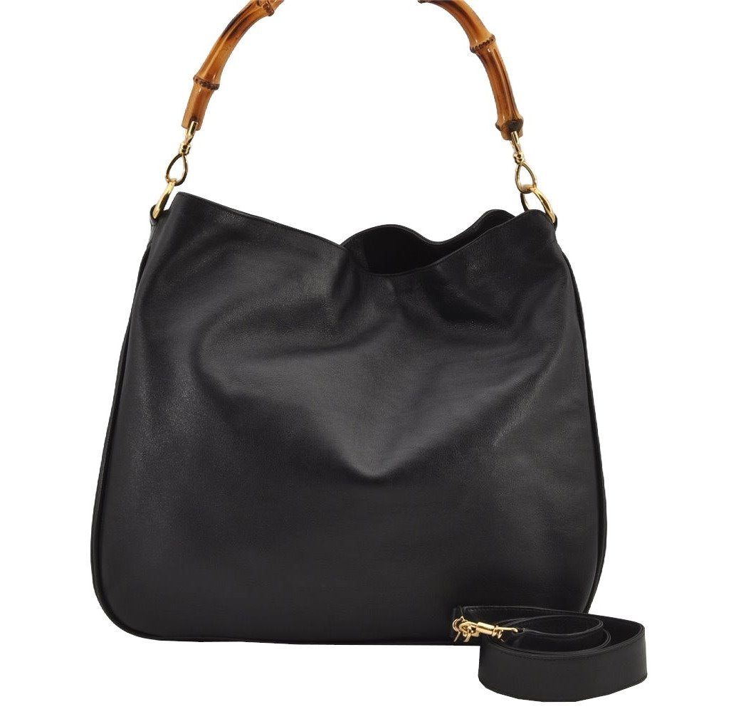 Authentic GUCCI Vintage Bamboo 2Way Shoulder Hand Bag Leather Black Junk 7731J