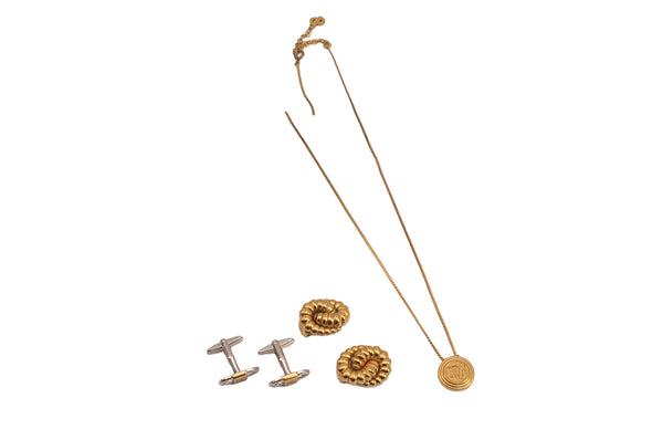 Authentic Christian Dior Gold Tone Chain Necklace Earrings Cuffs 3Set Junk 7731M