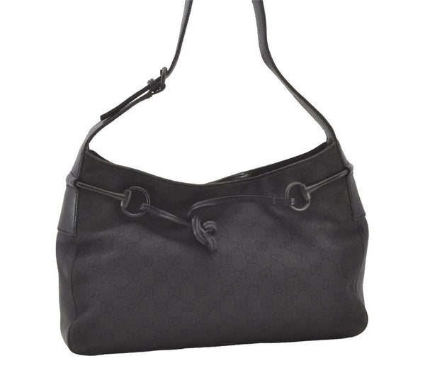Authentic GUCCI Horsebit Shoulder Bag Purse GG Canvas Leather 101975 Black 7732J