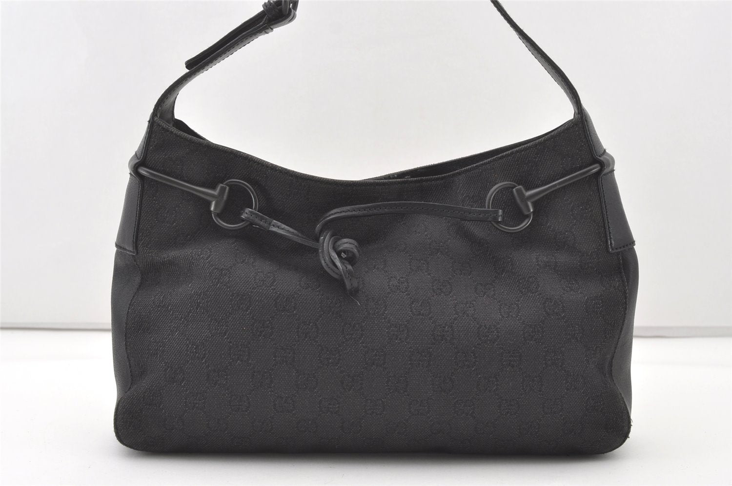 Authentic GUCCI Horsebit Shoulder Bag Purse GG Canvas Leather 101975 Black 7732J