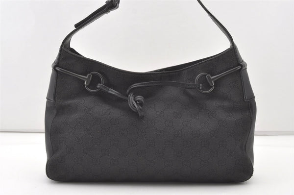 Authentic GUCCI Horsebit Shoulder Bag Purse GG Canvas Leather 101975 Black 7732J