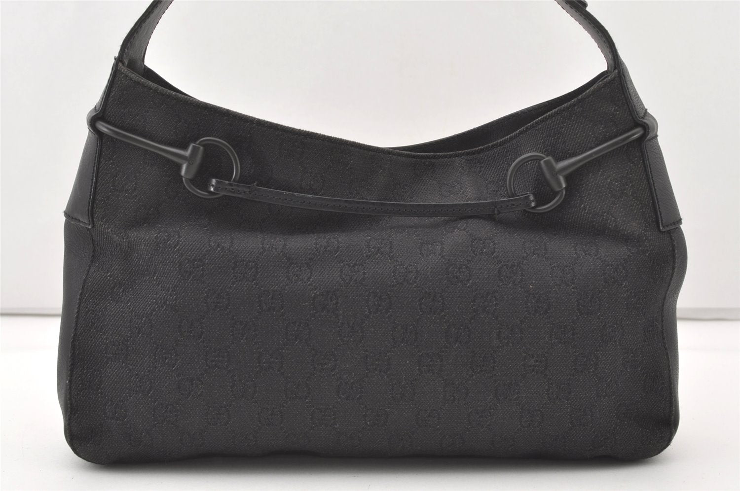 Authentic GUCCI Horsebit Shoulder Bag Purse GG Canvas Leather 101975 Black 7732J