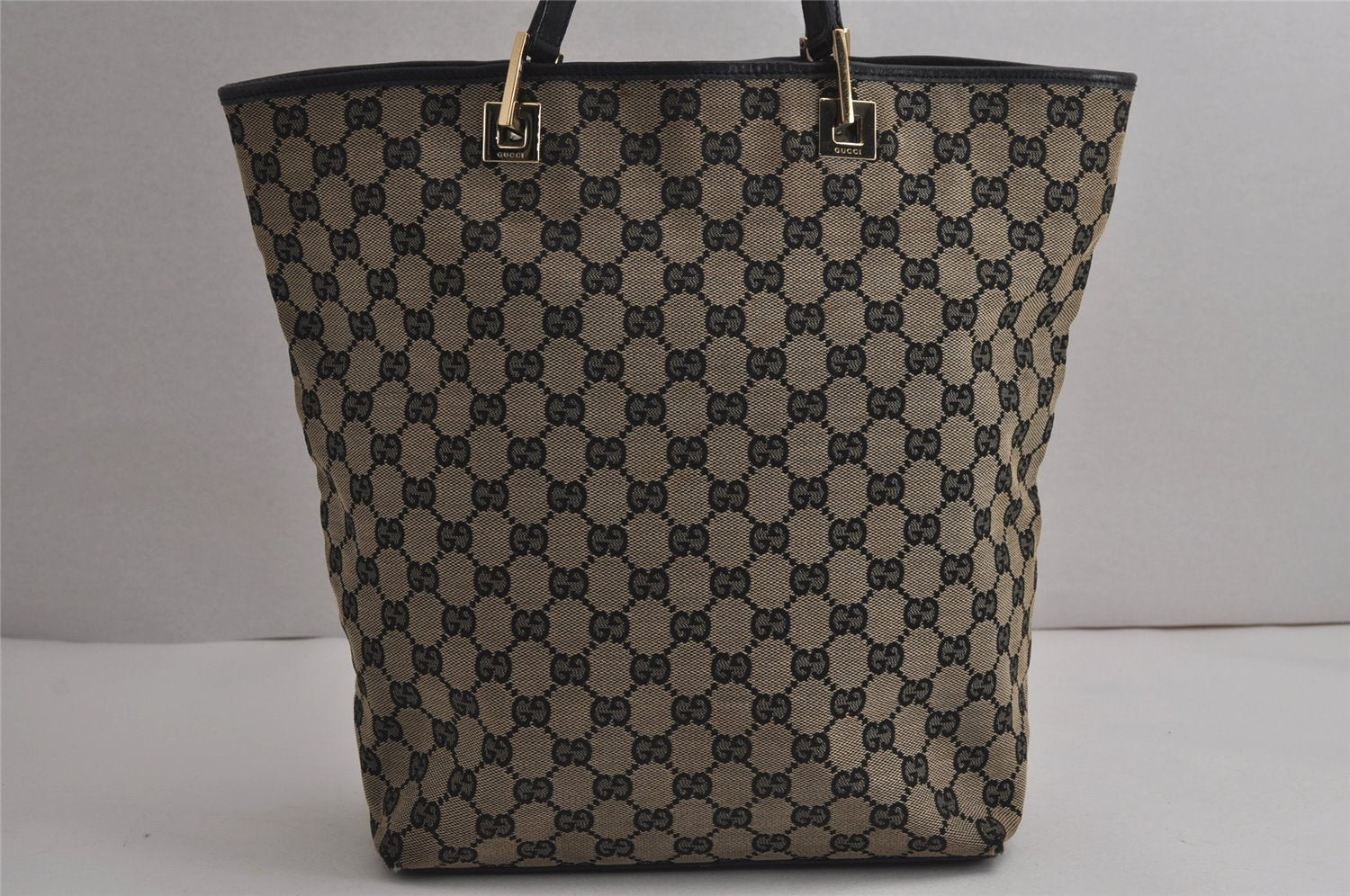 Authentic GUCCI Shoulder Tote Bag GG Canvas Leather 0021098 Black Gray 7737J