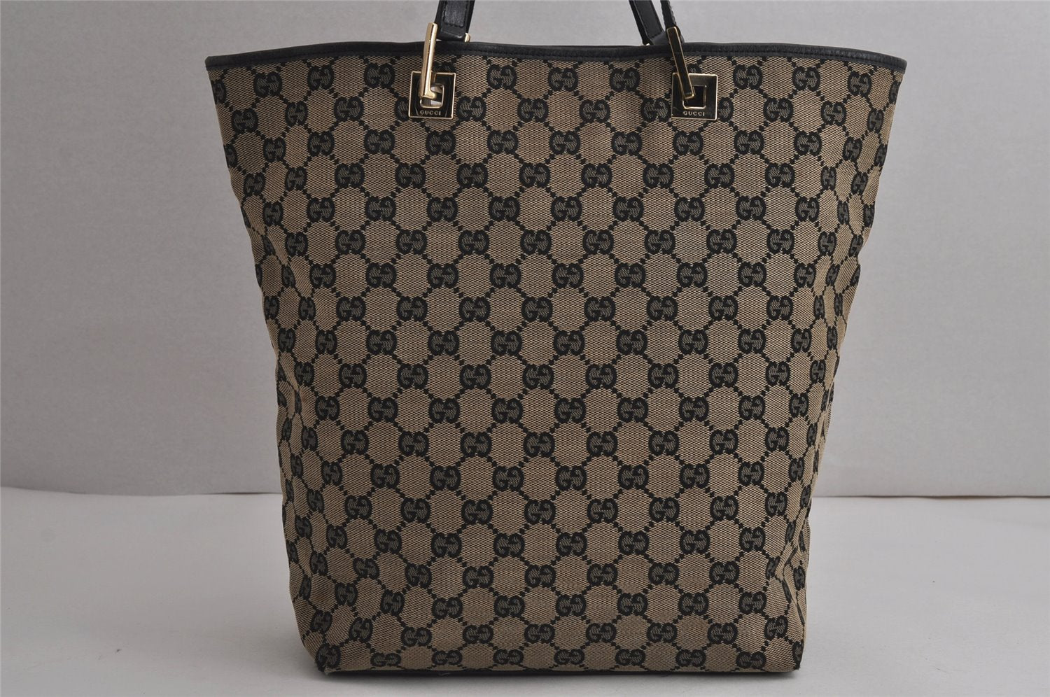 Authentic GUCCI Shoulder Tote Bag GG Canvas Leather 0021098 Black Gray 7737J