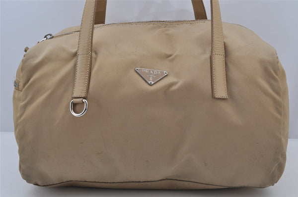 Authentic PRADA Vintage Nylon Tessuto Leather Hand Boston Bag Purse Beige 7744J