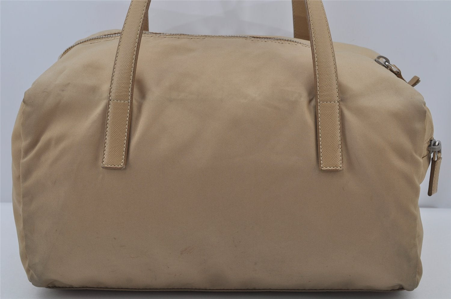 Authentic PRADA Vintage Nylon Tessuto Leather Hand Boston Bag Purse Beige 7744J