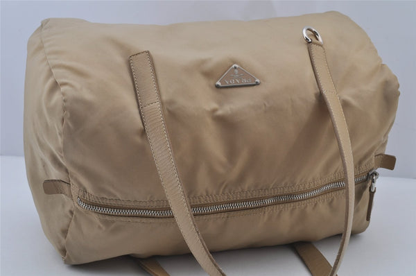 Authentic PRADA Vintage Nylon Tessuto Leather Hand Boston Bag Purse Beige 7744J