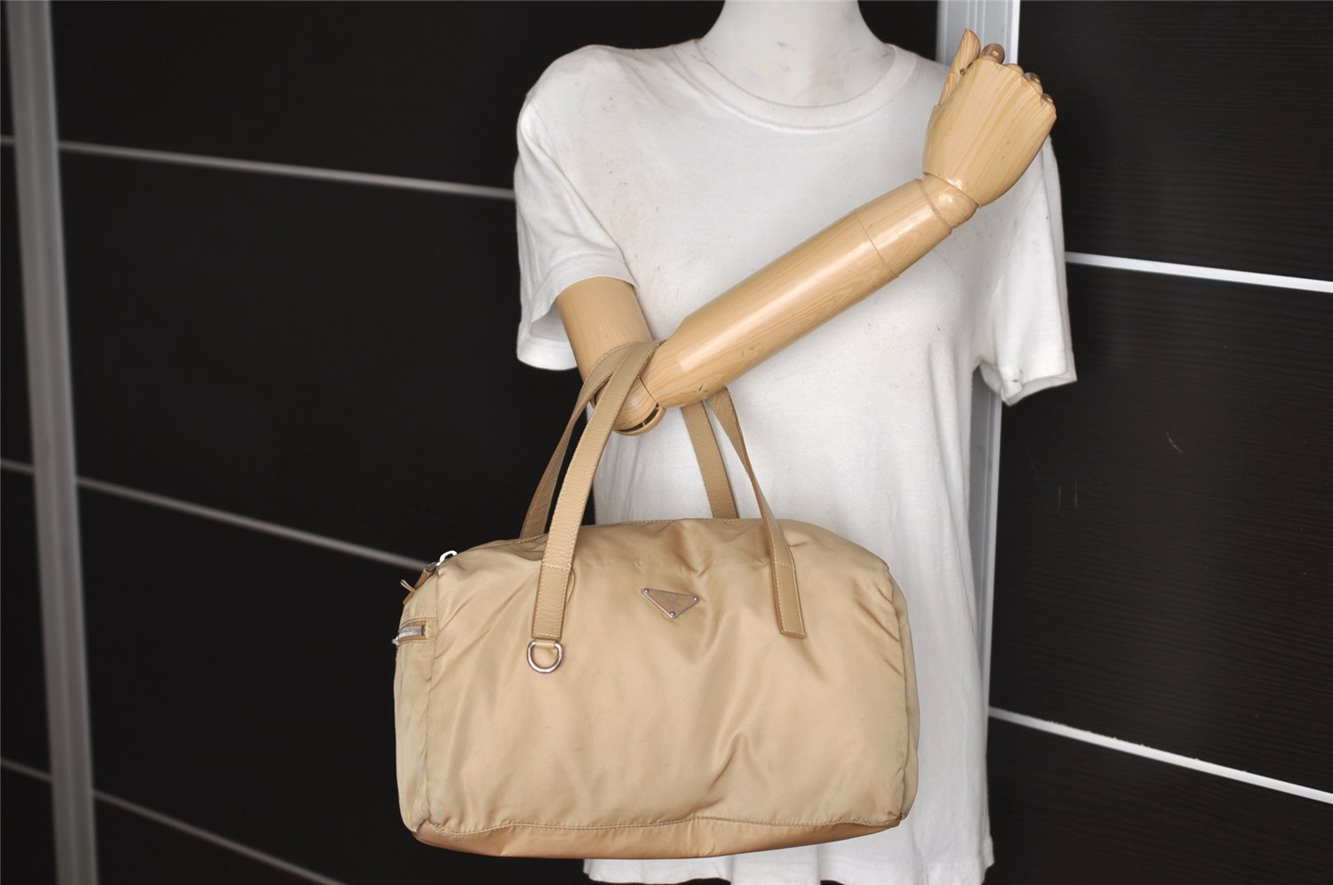 Authentic PRADA Vintage Nylon Tessuto Leather Hand Boston Bag Purse Beige 7744J