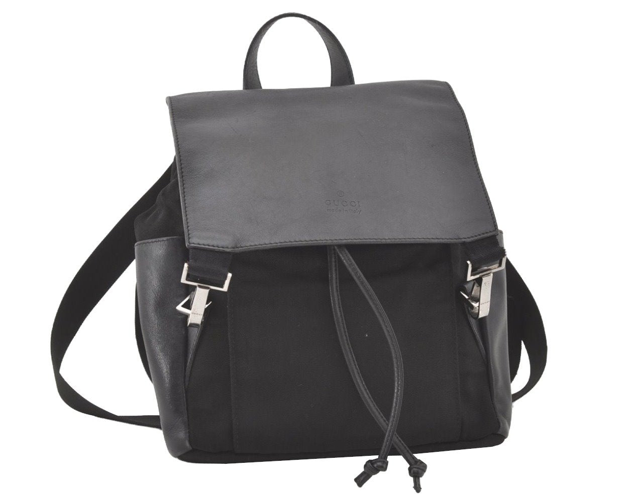 Authentic GUCCI Vintage Drawstring Backpack Nylon Leather 0030233 Black 7747J