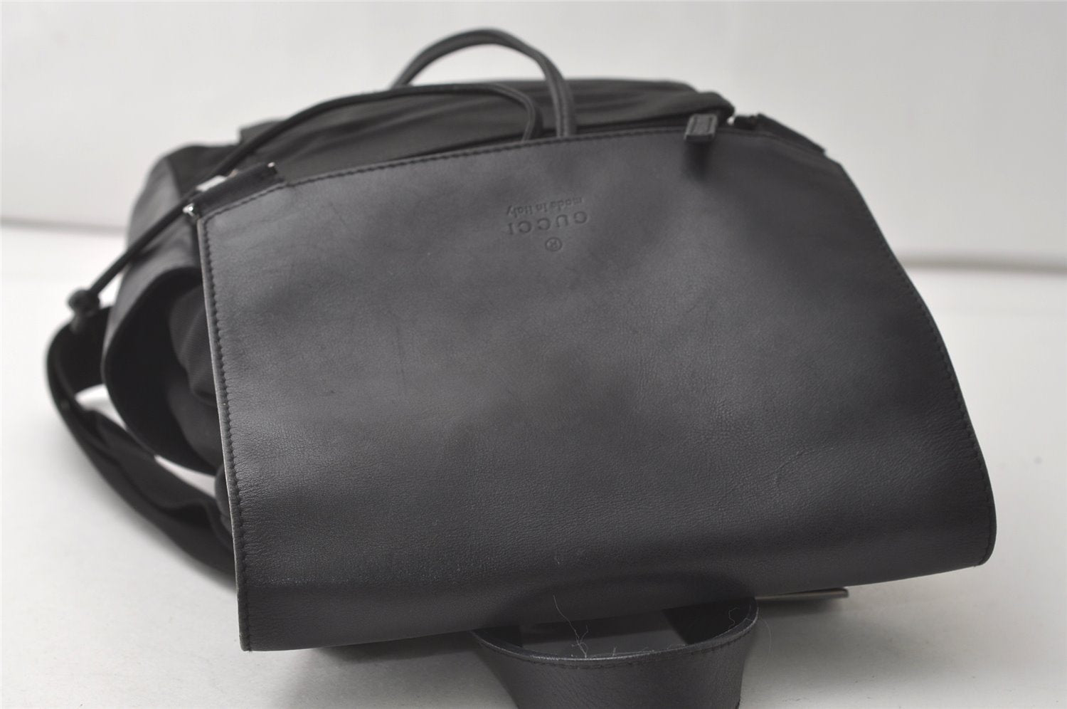 Authentic GUCCI Vintage Drawstring Backpack Nylon Leather 0030233 Black 7747J