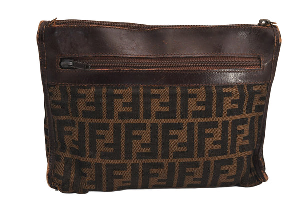 Authentic FENDI Zucca Clutch Hand Bag Purse Canvas Leather Brown Black 7751M