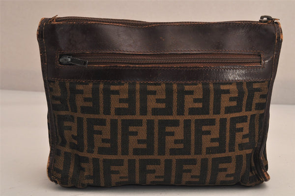 Authentic FENDI Zucca Clutch Hand Bag Purse Canvas Leather Brown Black 7751M
