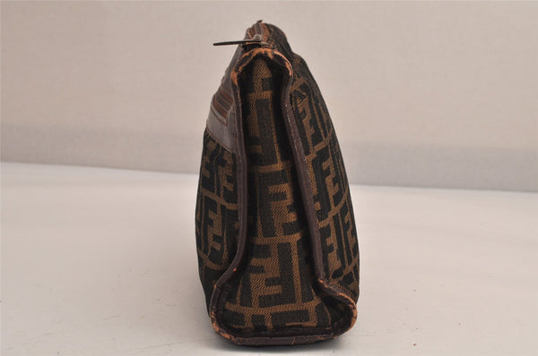 Authentic FENDI Zucca Clutch Hand Bag Purse Canvas Leather Brown Black 7751M