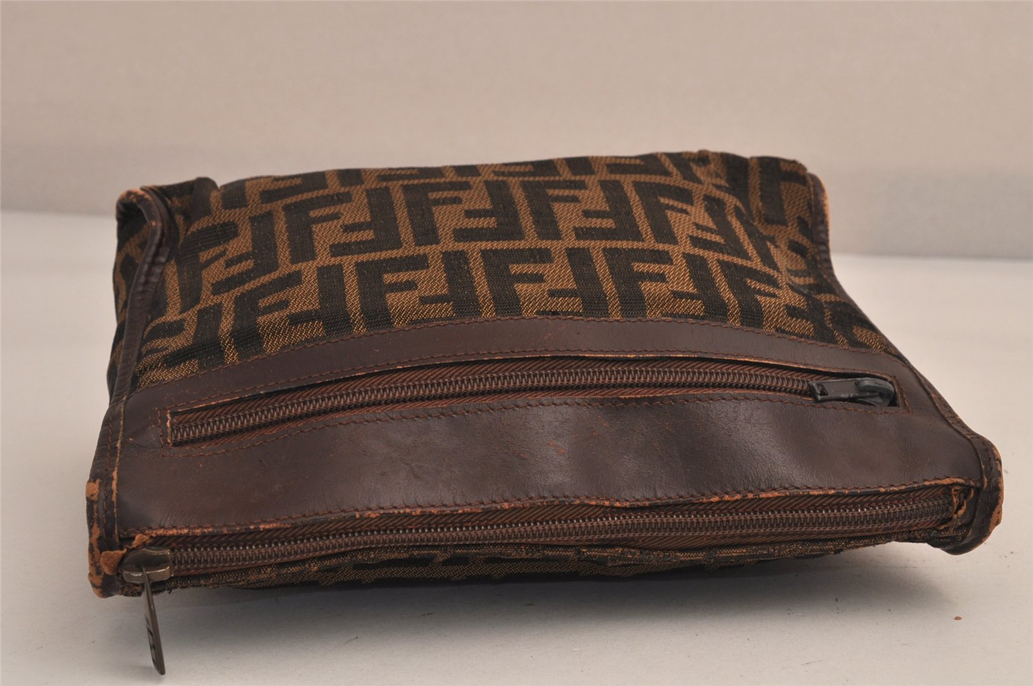Authentic FENDI Zucca Clutch Hand Bag Purse Canvas Leather Brown Black 7751M
