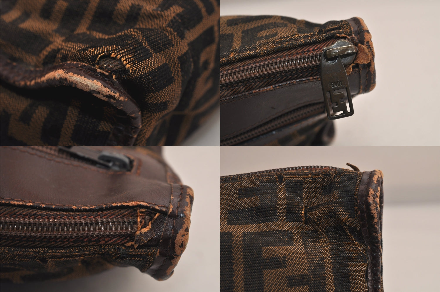 Authentic FENDI Zucca Clutch Hand Bag Purse Canvas Leather Brown Black 7751M