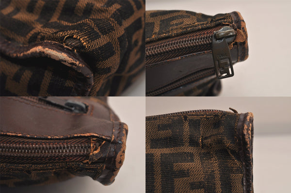 Authentic FENDI Zucca Clutch Hand Bag Purse Canvas Leather Brown Black 7751M
