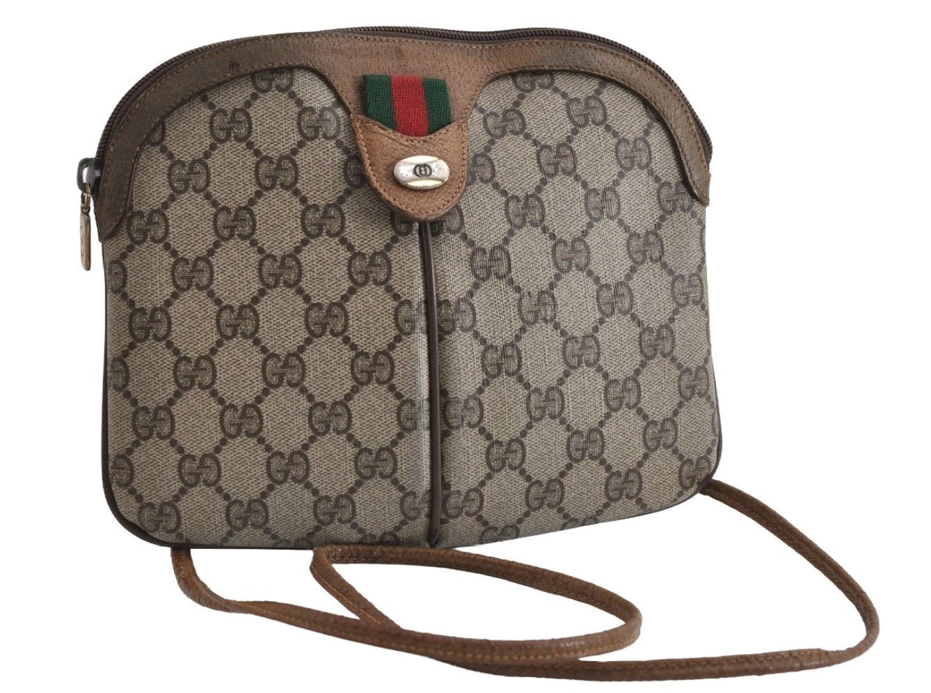 Authentic GUCCI Web Sherry Line Shoulder Bag GG PVC Leather Brown Junk 7752I