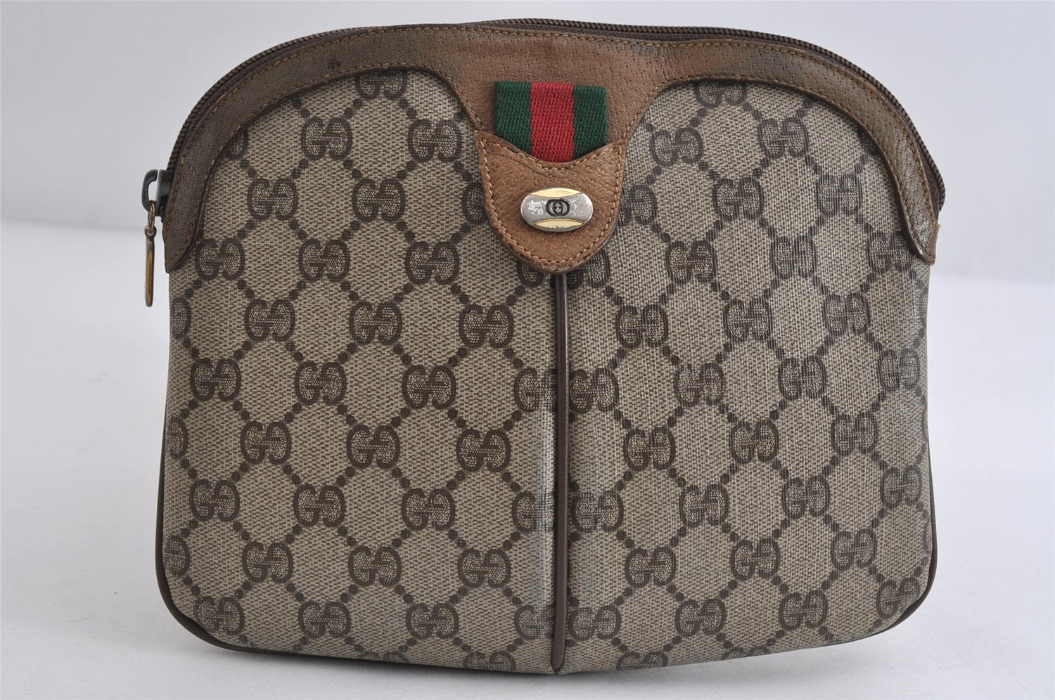 Authentic GUCCI Web Sherry Line Shoulder Bag GG PVC Leather Brown Junk 7752I