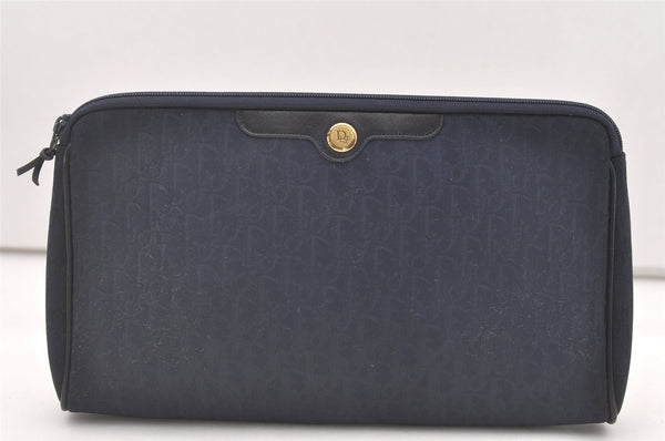 Authentic Christian Dior Trotter Clutch Bag Purse Canvas Leather Navy Blue 7759J