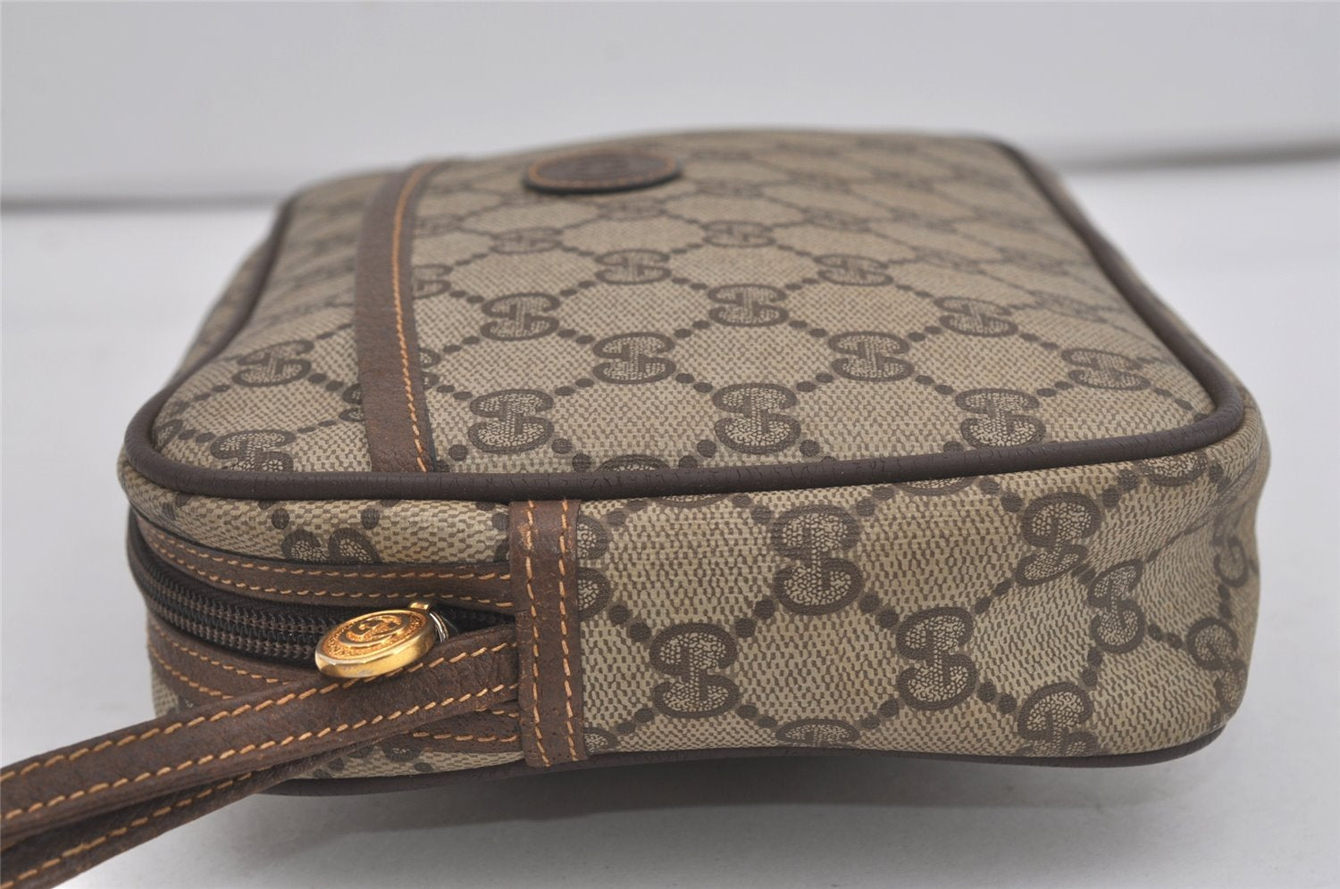 Authentic GUCCI Vintage Clutch Hand Bag Purse GG PVC Leather Brown Junk 7761I