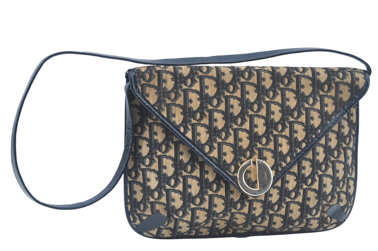 Authentic Christian Dior Trotter Shoulder Bag Canvas Leather Navy Blue Junk 7763I