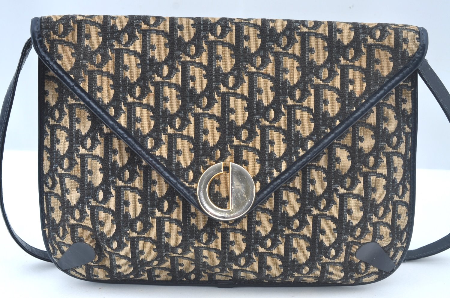 Authentic Christian Dior Trotter Shoulder Bag Canvas Leather Navy Blue Junk 7763I