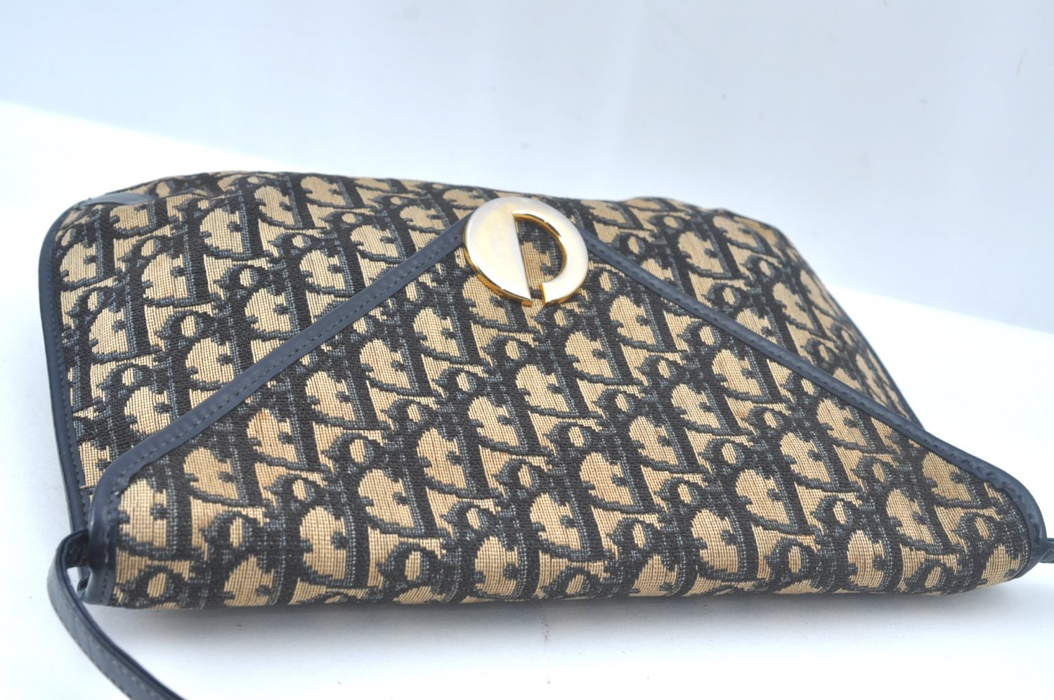 Authentic Christian Dior Trotter Shoulder Bag Canvas Leather Navy Blue Junk 7763I