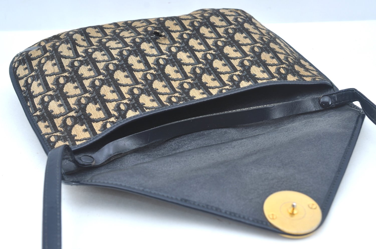 Authentic Christian Dior Trotter Shoulder Bag Canvas Leather Navy Blue Junk 7763I