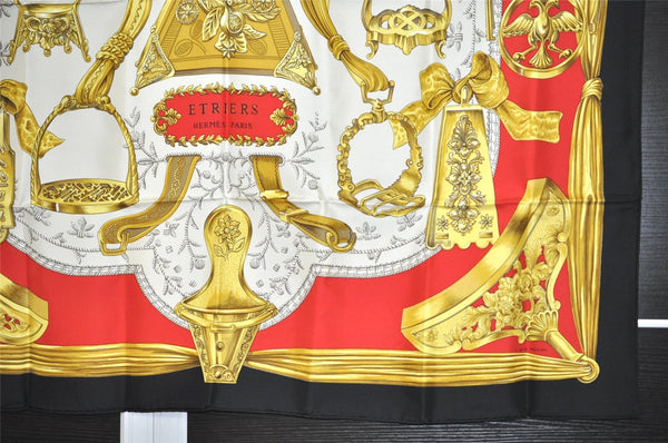 Authentic HERMES Carre 90 Scarf "ETRIERS" Silk Black Box 7769J