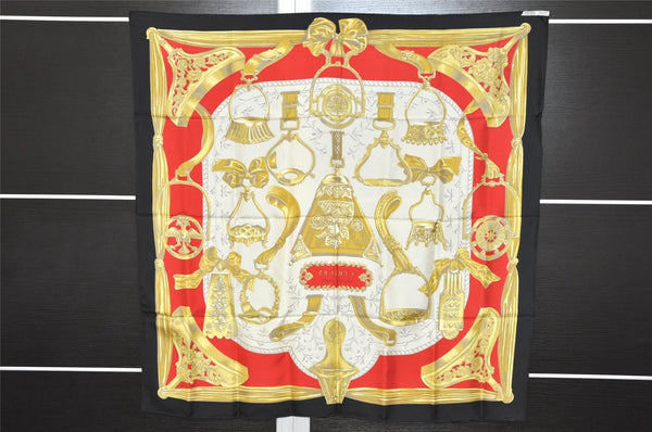 Authentic HERMES Carre 90 Scarf "ETRIERS" Silk Black Box 7769J