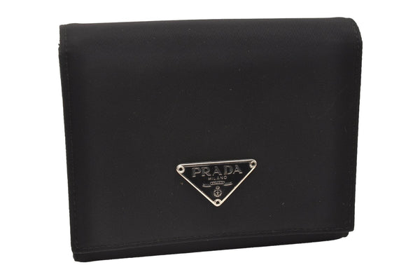 Authentic PRADA Vintage Nylon Saffiano Leather Trifold Wallet Purse Black 7773I