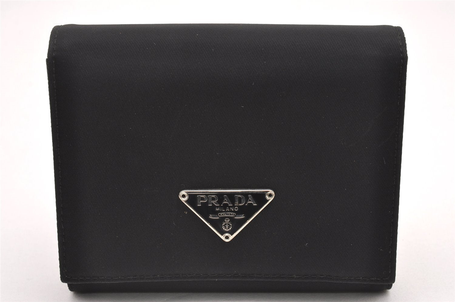 Authentic PRADA Vintage Nylon Saffiano Leather Trifold Wallet Purse Black 7773I