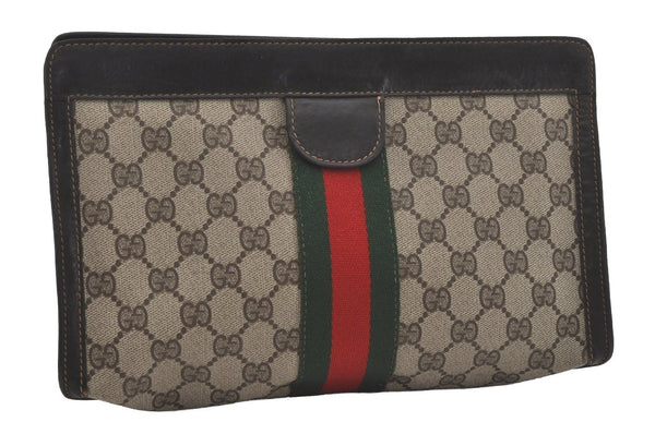 Authentic GUCCI Web Sherry Line Clutch Hand Bag Purse GG PVC Leather Brown 7778I