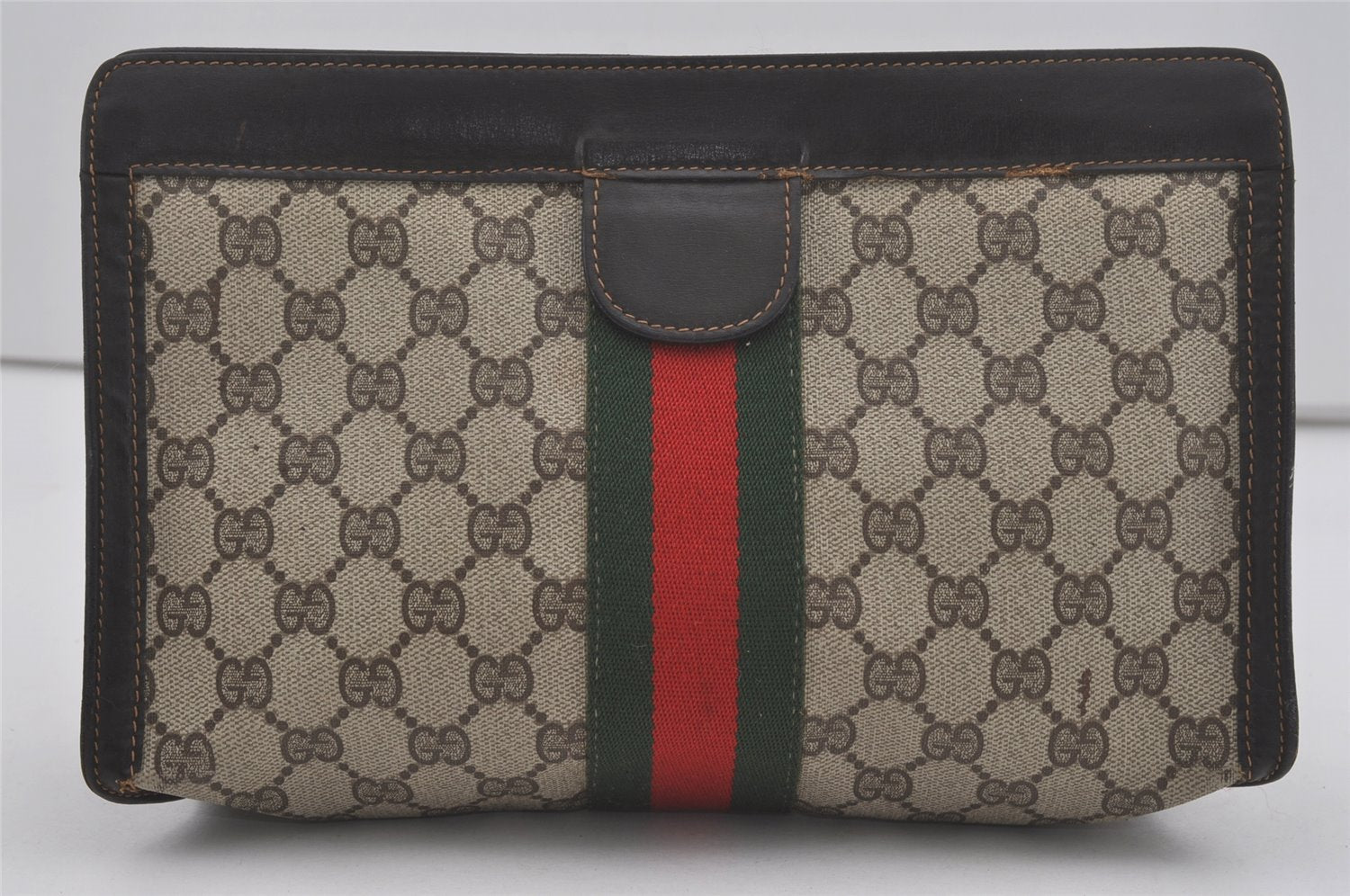 Authentic GUCCI Web Sherry Line Clutch Hand Bag Purse GG PVC Leather Brown 7778I