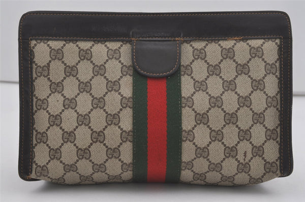 Authentic GUCCI Web Sherry Line Clutch Hand Bag Purse GG PVC Leather Brown 7778I