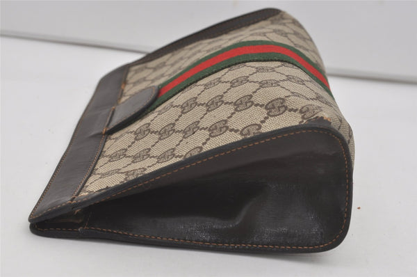 Authentic GUCCI Web Sherry Line Clutch Hand Bag Purse GG PVC Leather Brown 7778I