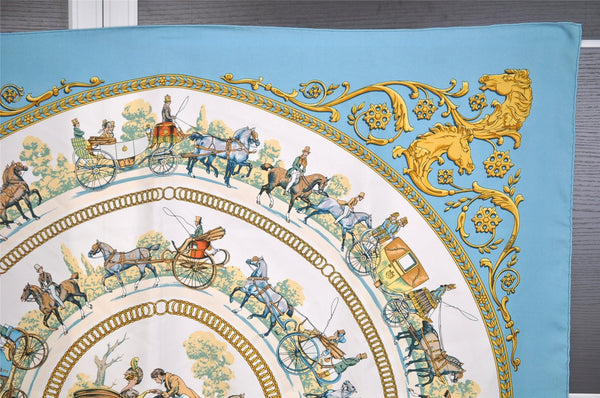 Auth HERMES Carre 90 Scarf "LA PROMENADE DE LONGCHAMPS" Silk Light Blue 7780I