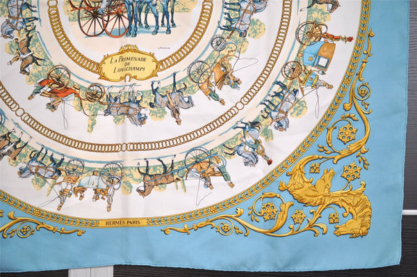 Auth HERMES Carre 90 Scarf "LA PROMENADE DE LONGCHAMPS" Silk Light Blue 7780I