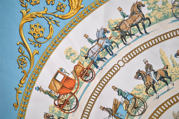 Auth HERMES Carre 90 Scarf "LA PROMENADE DE LONGCHAMPS" Silk Light Blue 7780I